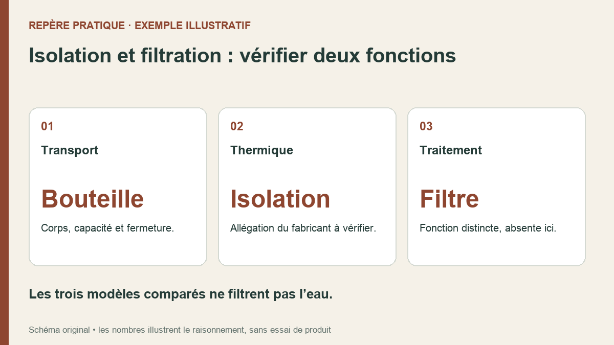 Schéma distinguant bouteille de transport, isolation thermique et filtration, avec une mention que les modèles comparés ne filtrent pas.