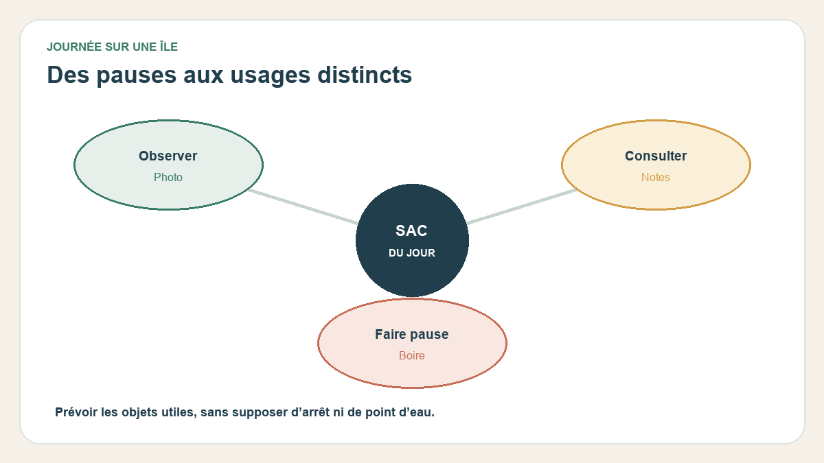 Diagramme original : Observer — Photo: Téléphone à portée ; Consulter — Notes: Repère facile à retrouver ; Faire pause — Boire: Geste et rangement choisis. La liste suit les usages prévus et reste ouverte aux changements.